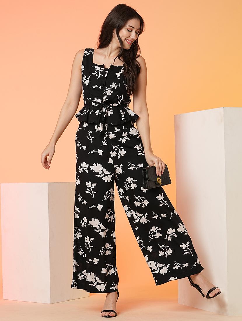 globus women black square neck allover floral print tie-up peplum crop top & palazzos co-ord set - 21016987 - Zoom Image - 0