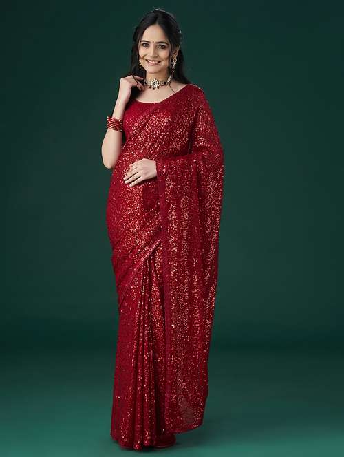 red georgette embellished saree with blouse - 21017061 - Standard Image - 0