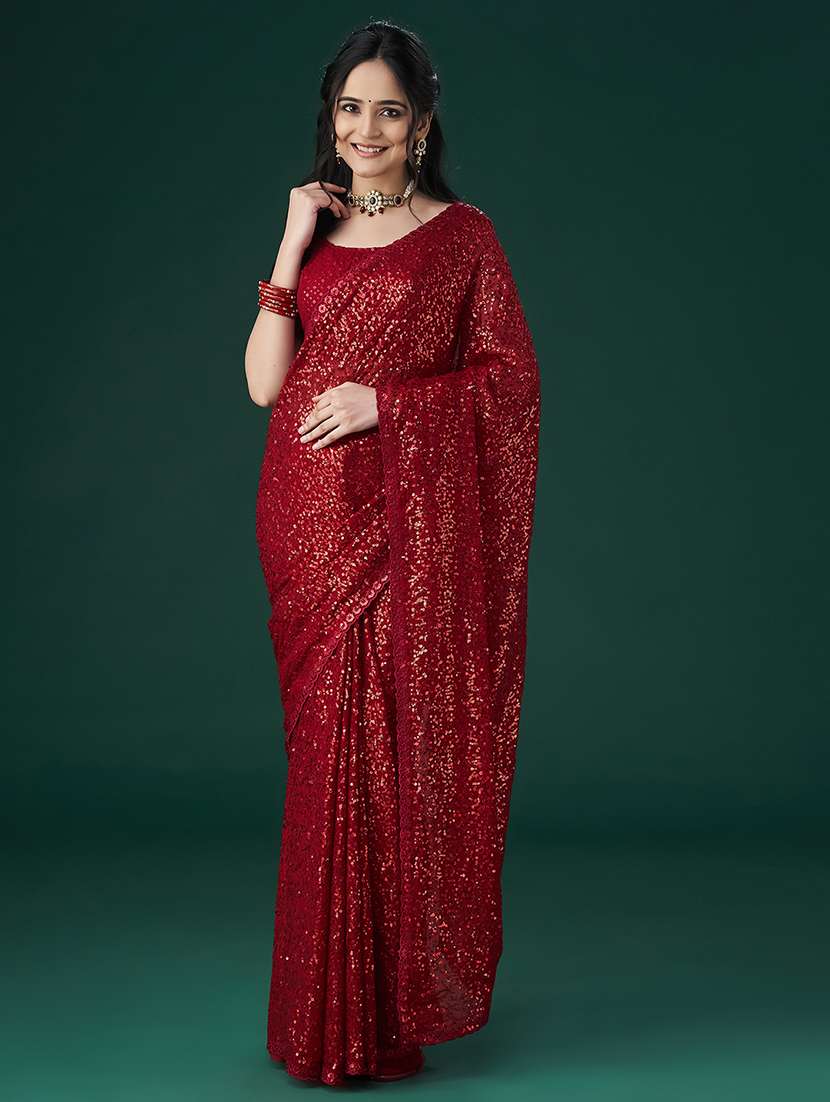red georgette embellished saree with blouse - 21017061 - Zoom Image - 0