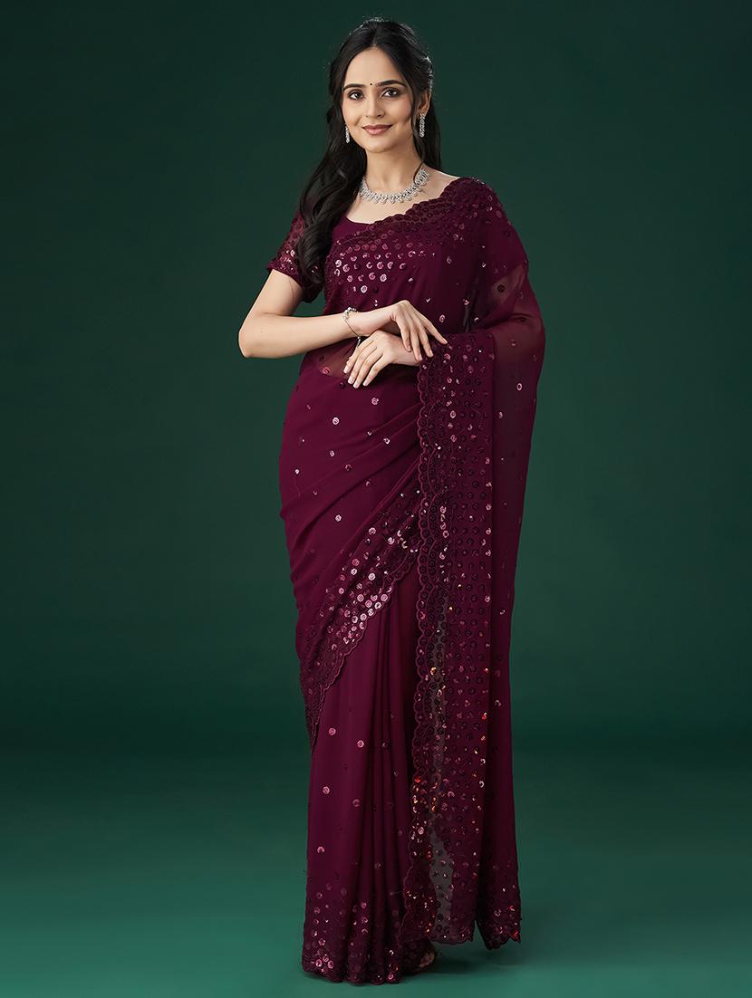 burgundy georgette embellished saree