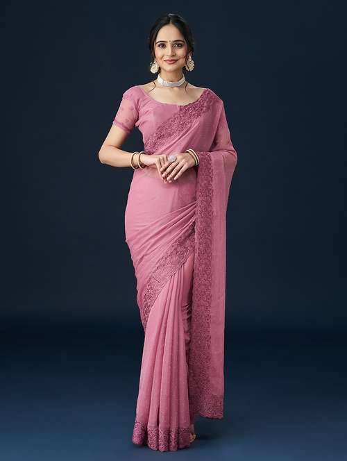 pink chiffon embroidered saree with blouse - 21017082 - Standard Image - 0