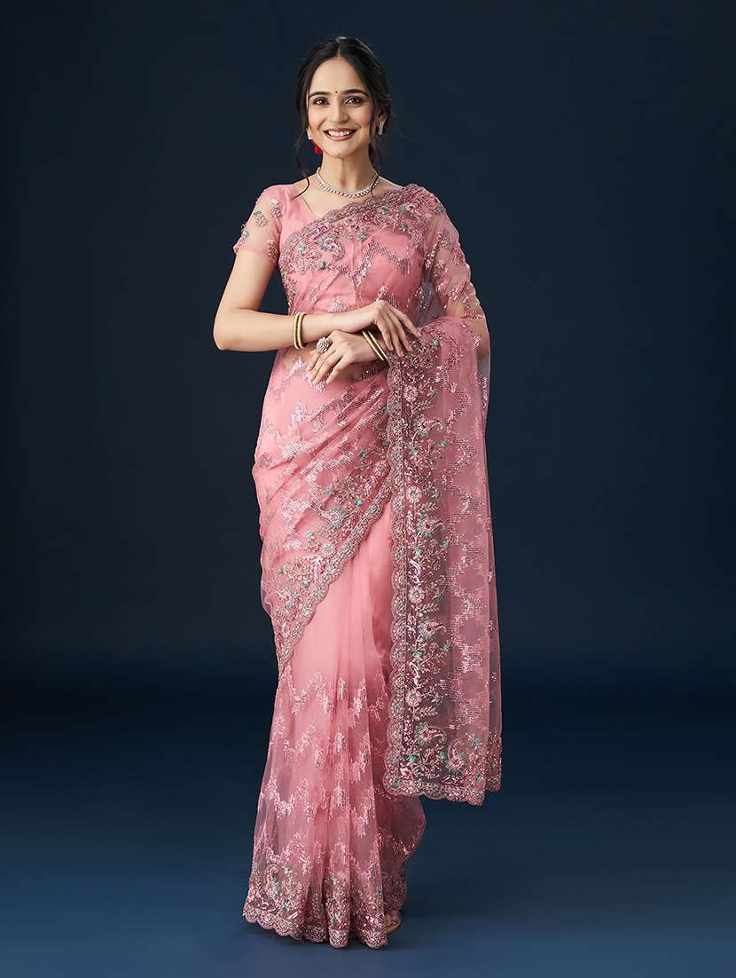 pink net embellished saree with blouse - 21017086 -  Zoom Image - 0