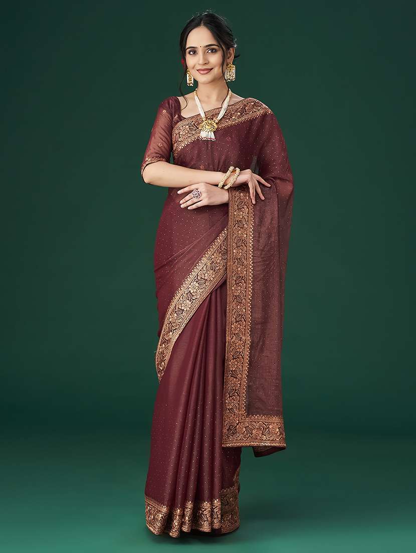 brown embroidered saree with blouse