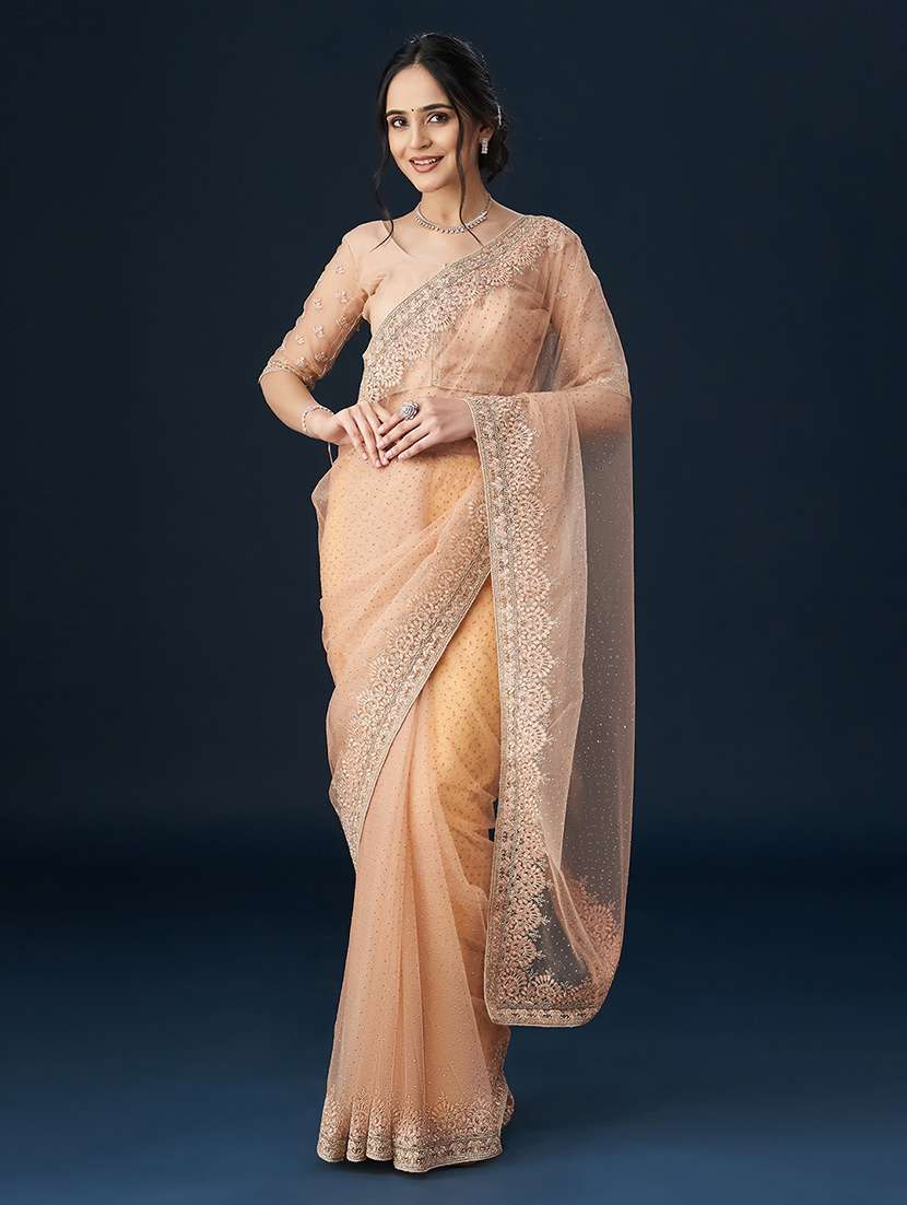 peach net embellished saree with blouse