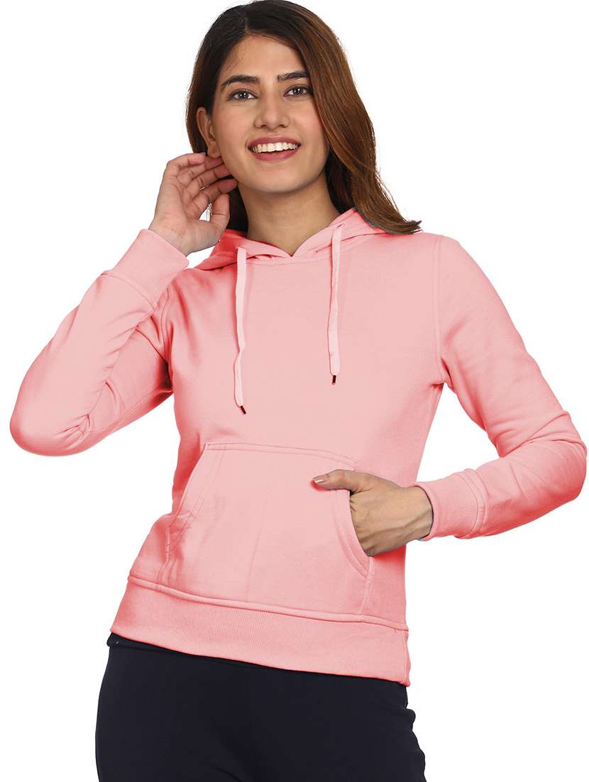 solid pink hooded casual sweatshirt