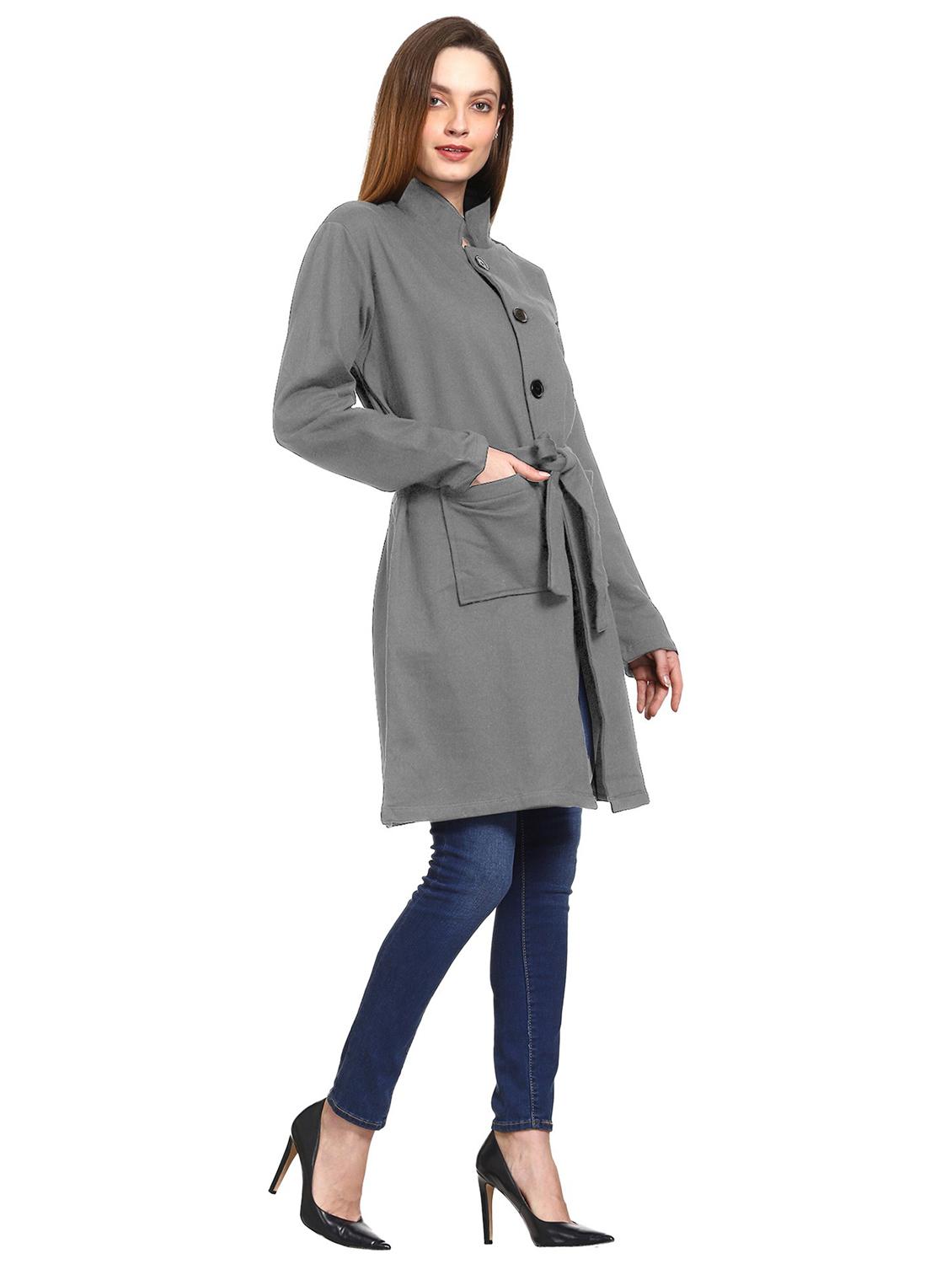 women solid stand collar long coat - 21017482 - Standard Image - 3