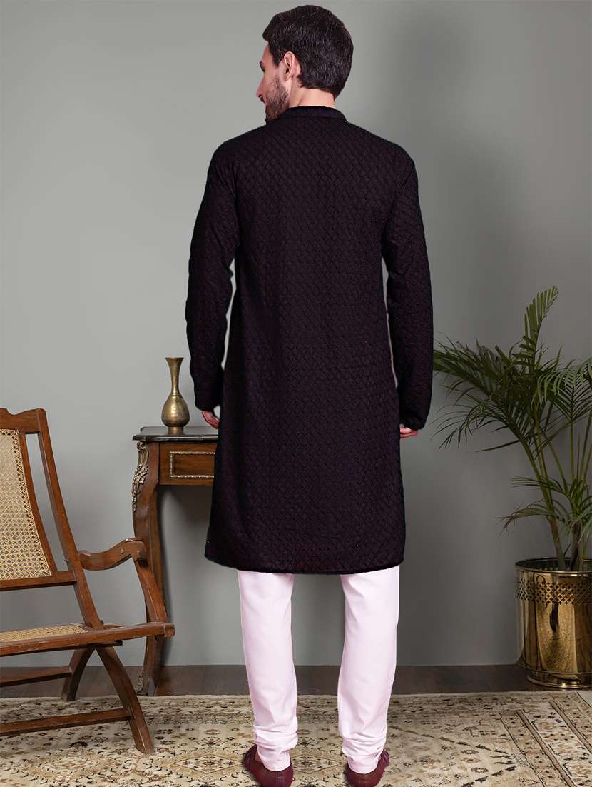 black cotton kurta churidar ethnic wear set - 21018205 -  Standard Image - 3