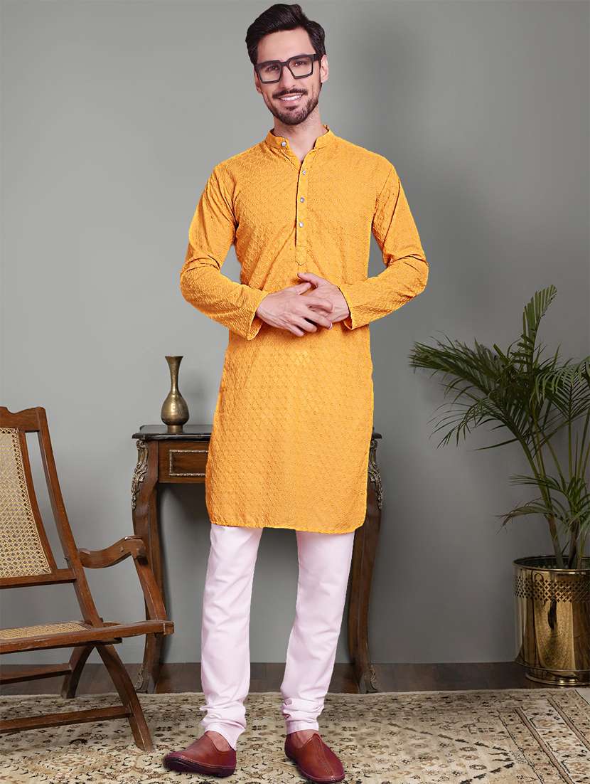 mustard cotton kurta churidar ethnic wear set