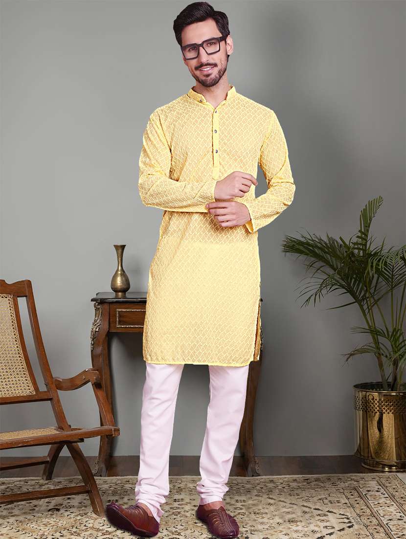 yellow cotton kurta churidar ethnic wear set