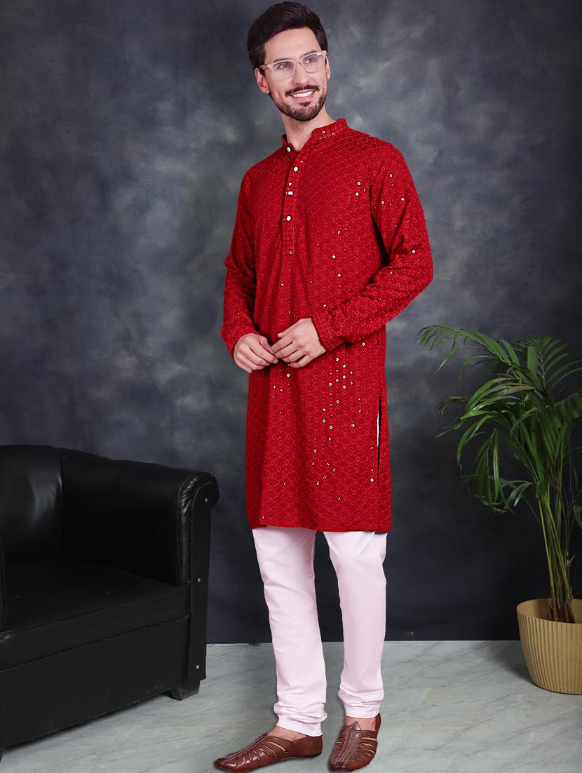 red cotton kurta churidar ethnic wear set - 21018229 - Zoom Image - 0