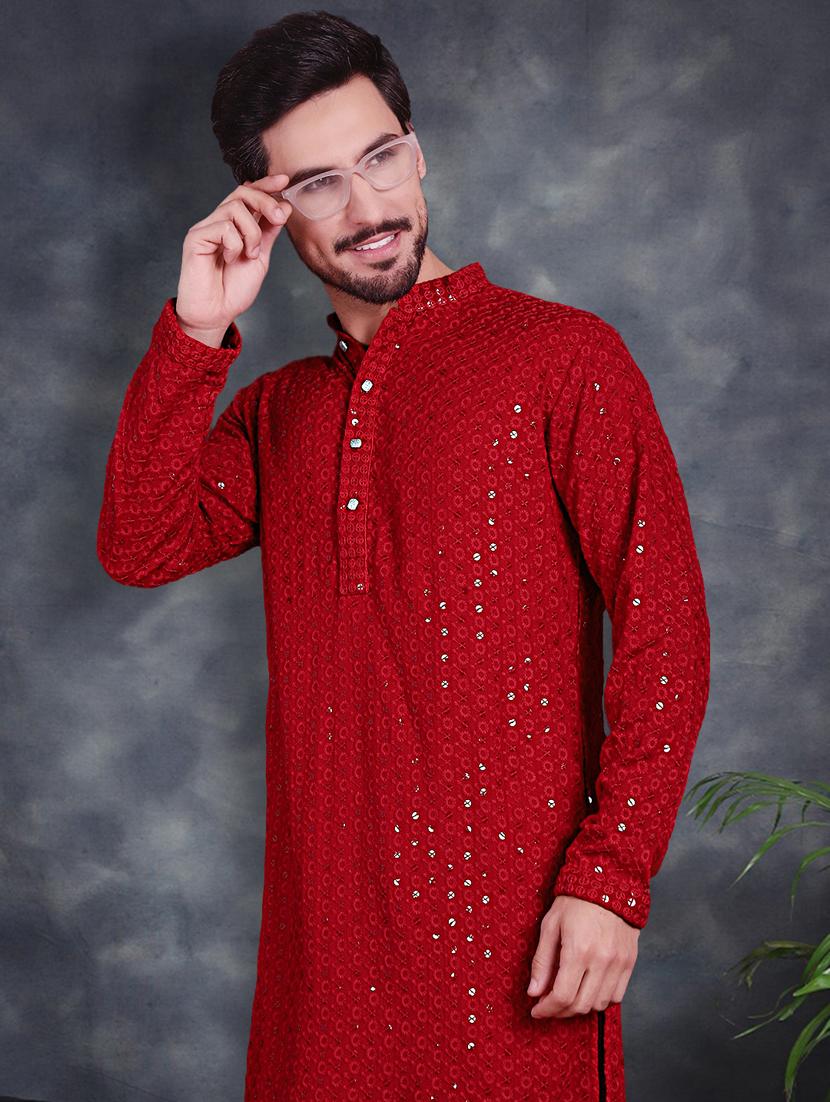 red cotton kurta churidar ethnic wear set - 21018229 - Standard Image - 3