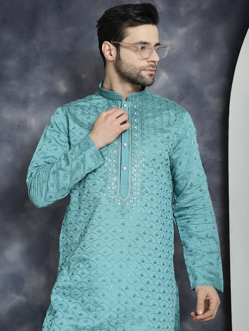 blue silk blend kurta churidar ethnic wear set - 21018266 - Standard Image - 3