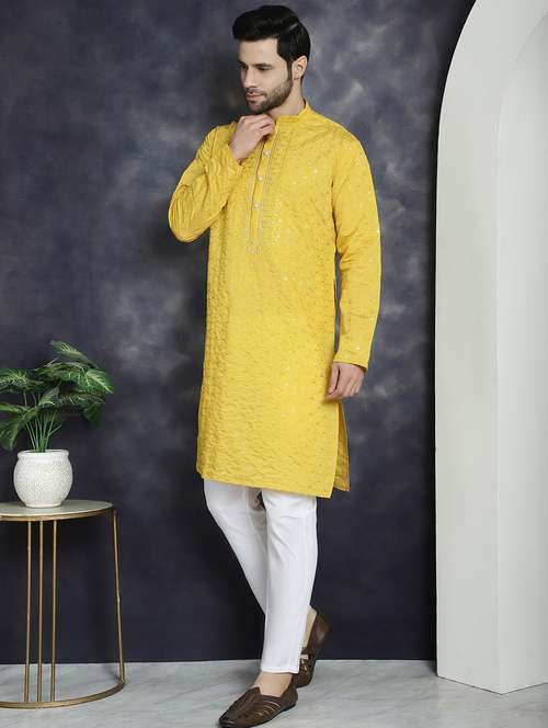 mustard silk blend kurta churidar ethnic wear set - 21018268 - Standard Image - 0