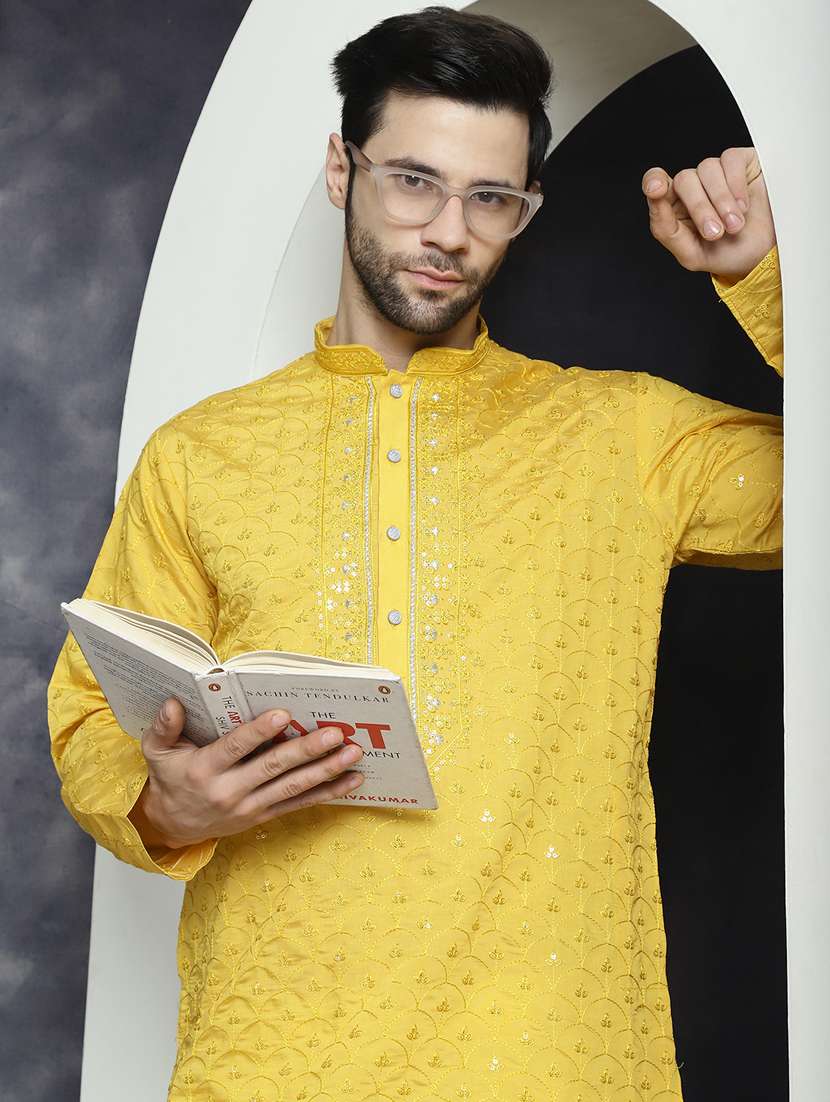 mustard silk blend kurta churidar ethnic wear set - 21018268 - Standard Image - 3