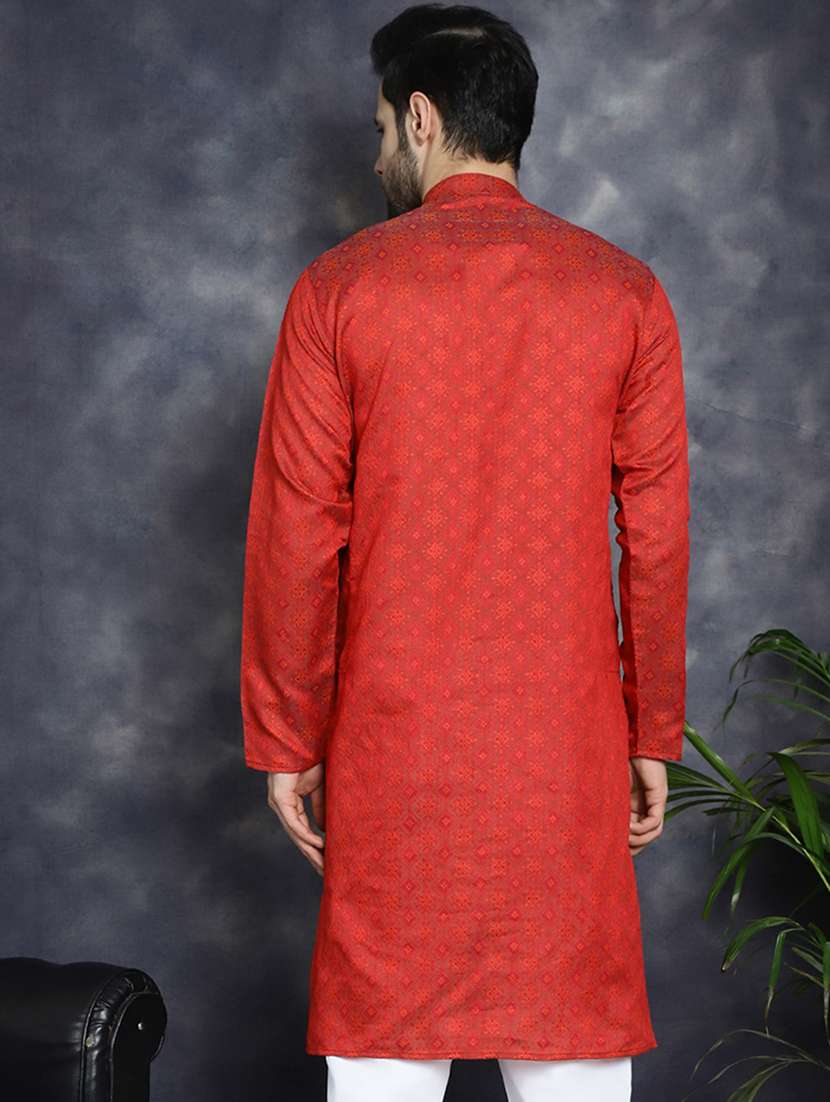 red silk blend long kurta - 21018284 -  Standard Image - 3