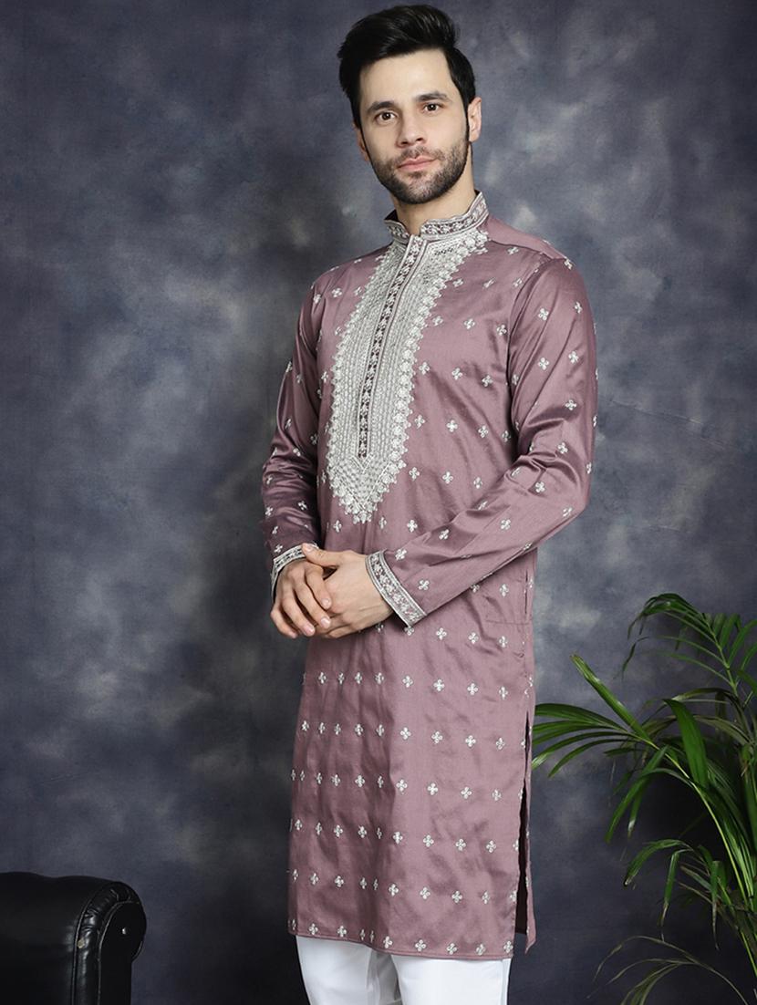 men solid with work mandarin neck long kurta - 21018288 - Zoom Image - 0