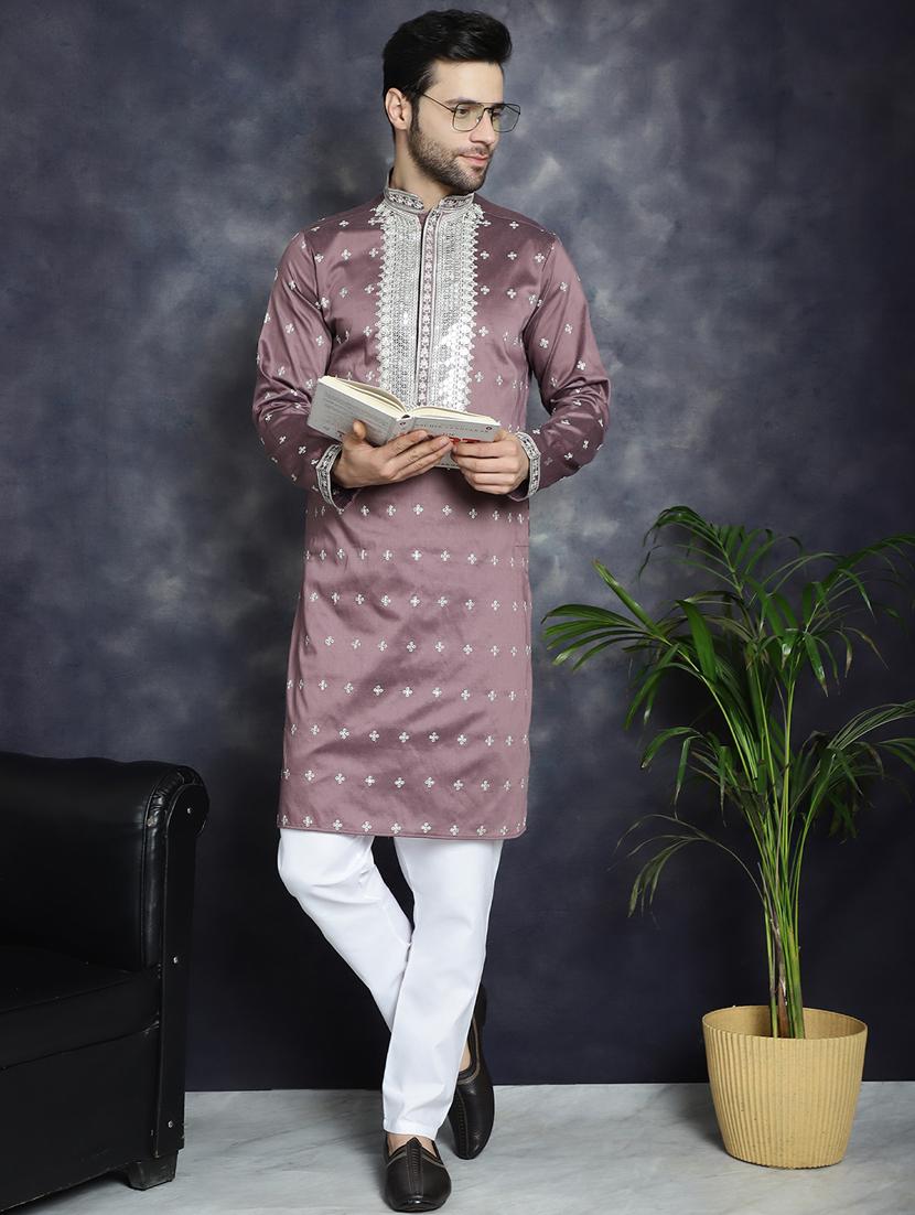 men solid with work mandarin neck long kurta - 21018288 - Standard Image - 3
