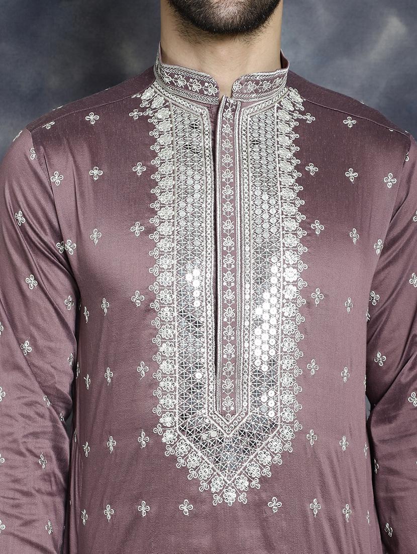 men solid with work mandarin neck long kurta - 21018288 - Standard Image - 5