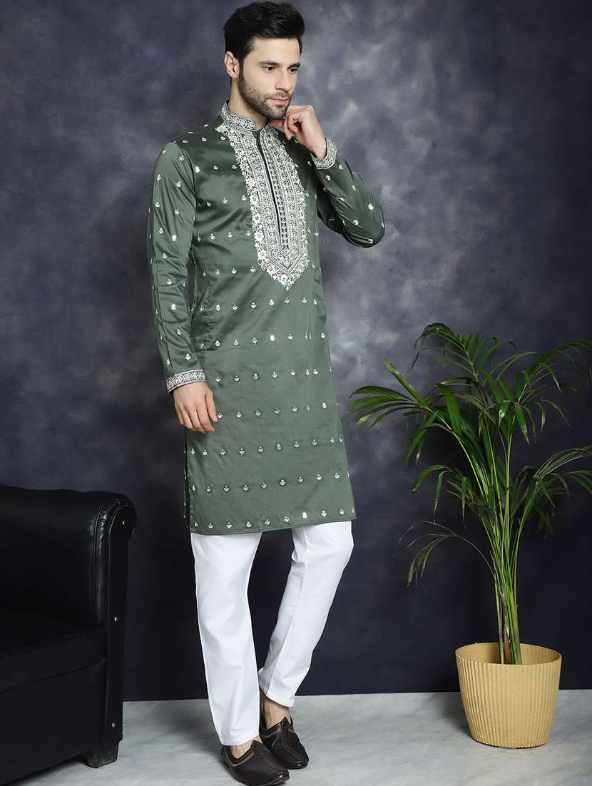 dark green silk blend long kurta - 21018291 -  Standard Image - 3
