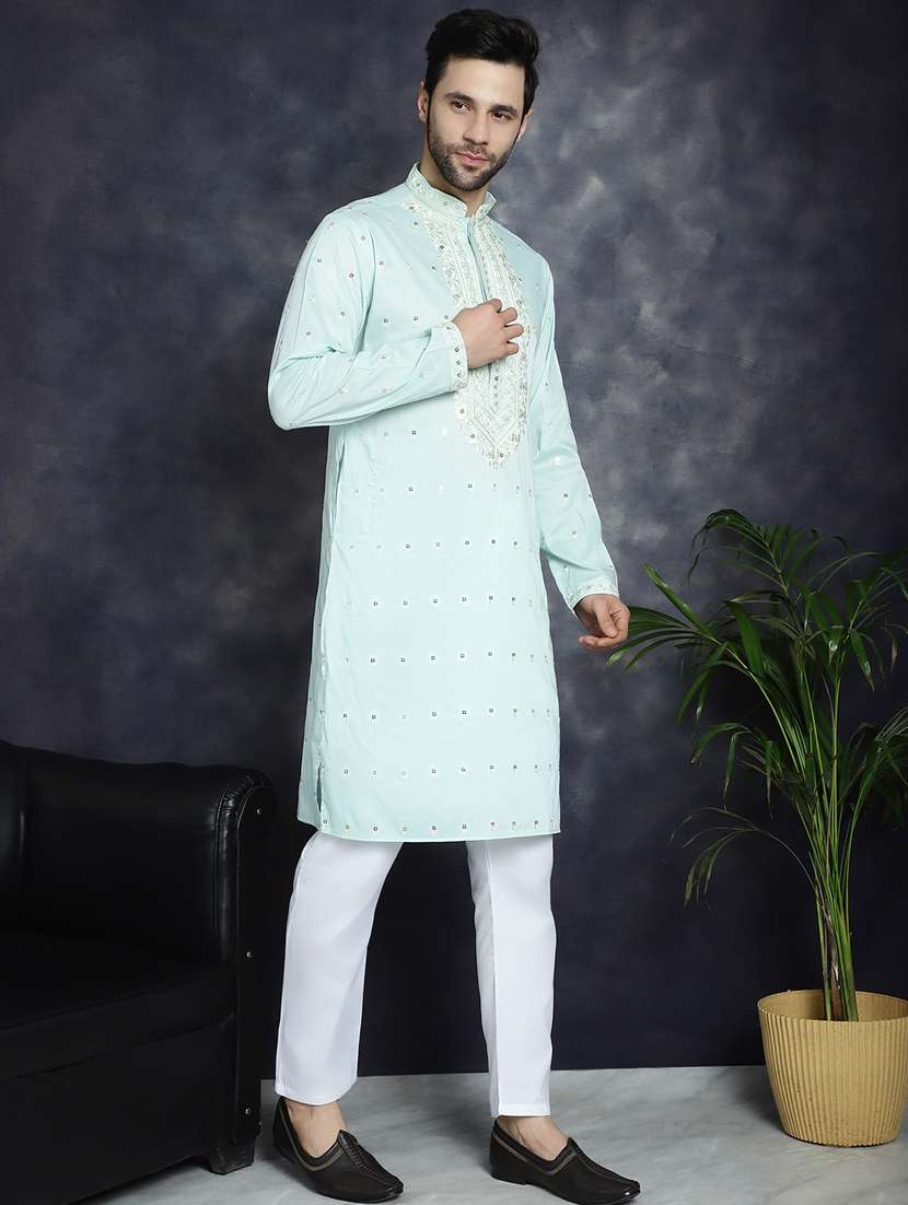 light blue silk blend long kurta - 21018292 -  Standard Image - 3