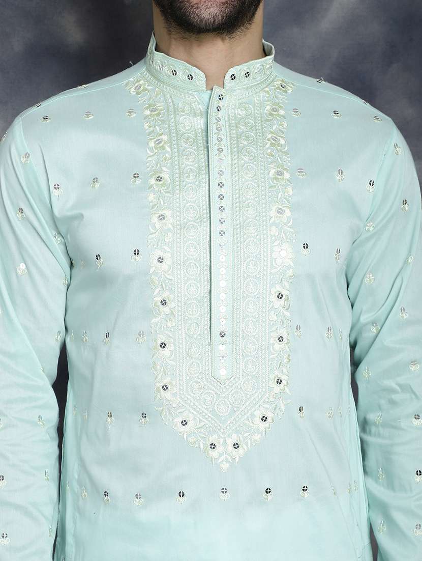 light blue silk blend long kurta - 21018292 -  Standard Image - 5