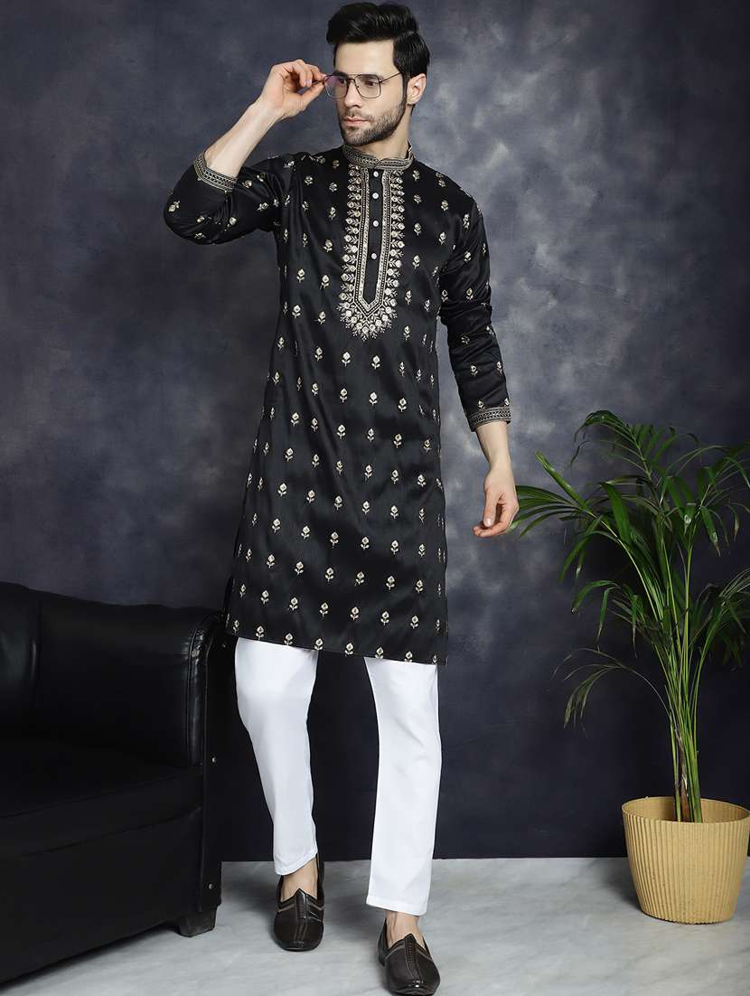 men solid with work mandarin neck long kurta - 21018294 -  Standard Image - 3