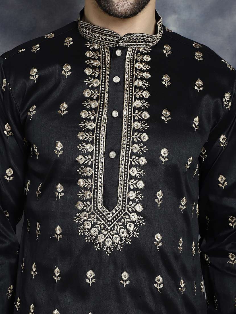men solid with work mandarin neck long kurta - 21018294 -  Standard Image - 5
