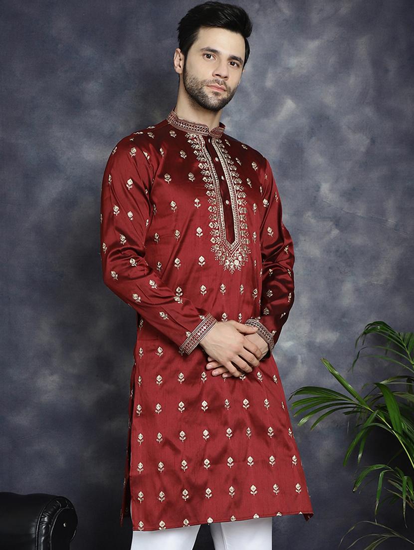 men solid with work mandarin neck long kurta - 21018295 - Zoom Image - 0