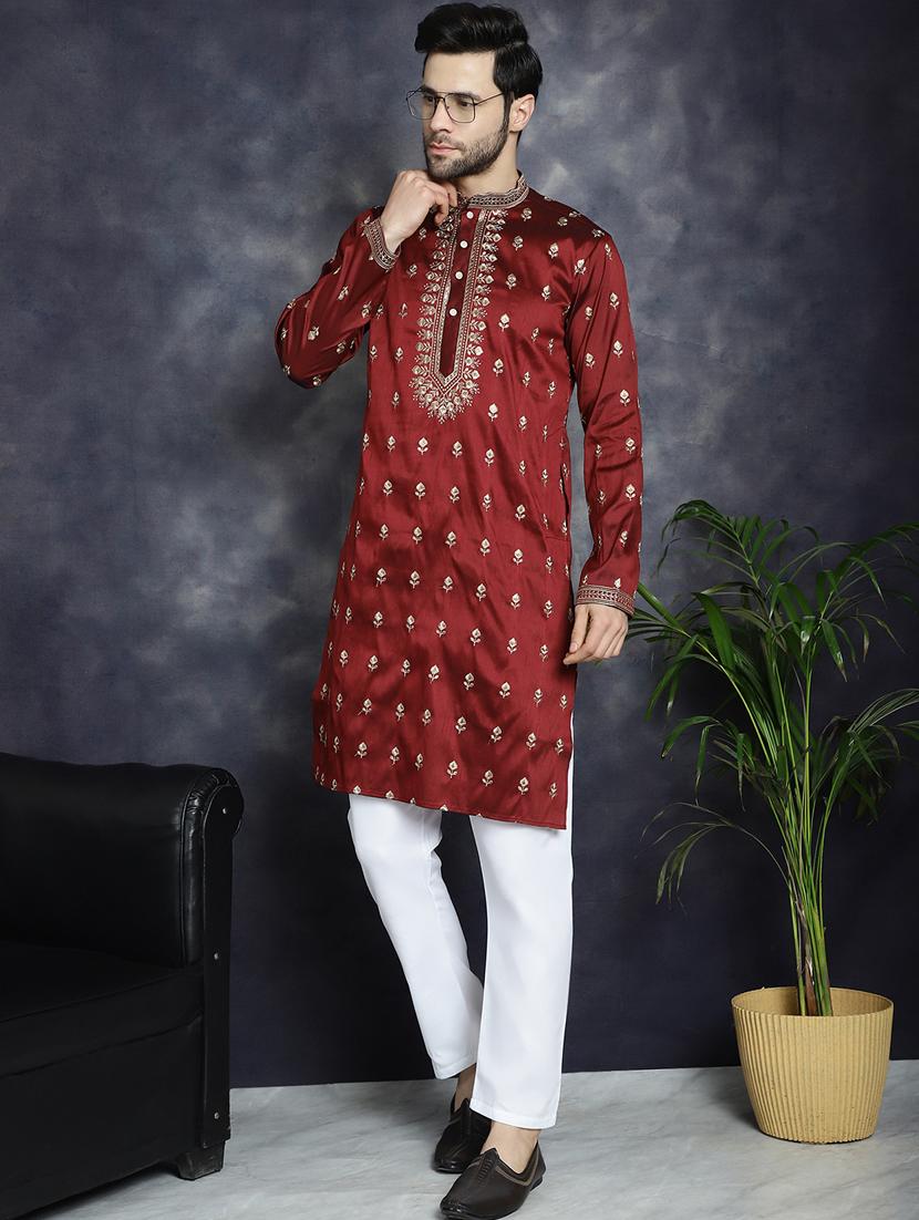 men solid with work mandarin neck long kurta - 21018295 - Standard Image - 3