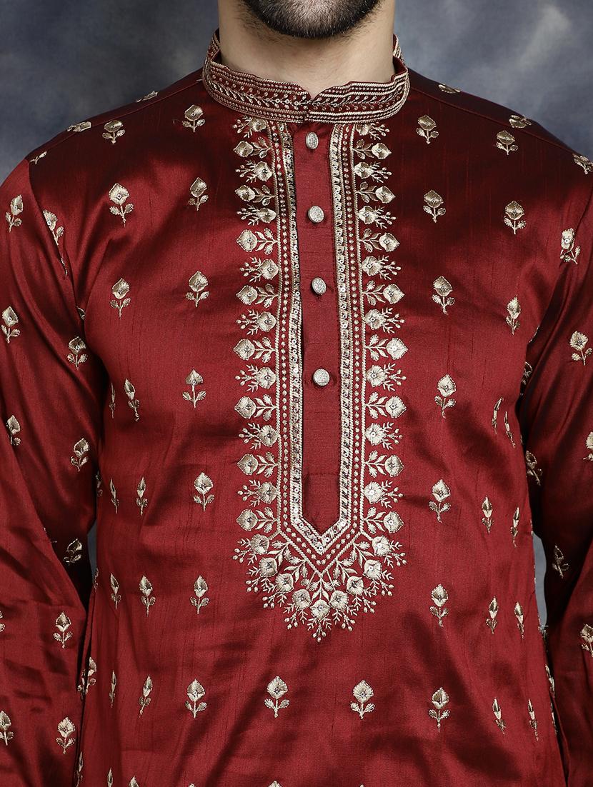 men solid with work mandarin neck long kurta - 21018295 - Standard Image - 5