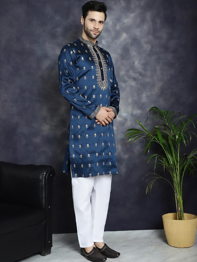 men solid with work mandarin neck long kurta - 21018296 - Standard Image - 3