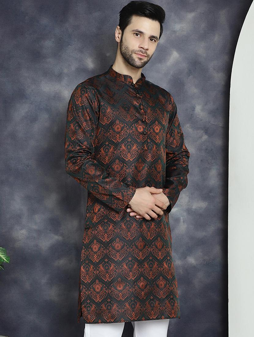 men bronze silk blend straight kurta - 21018298 - Zoom Image - 0