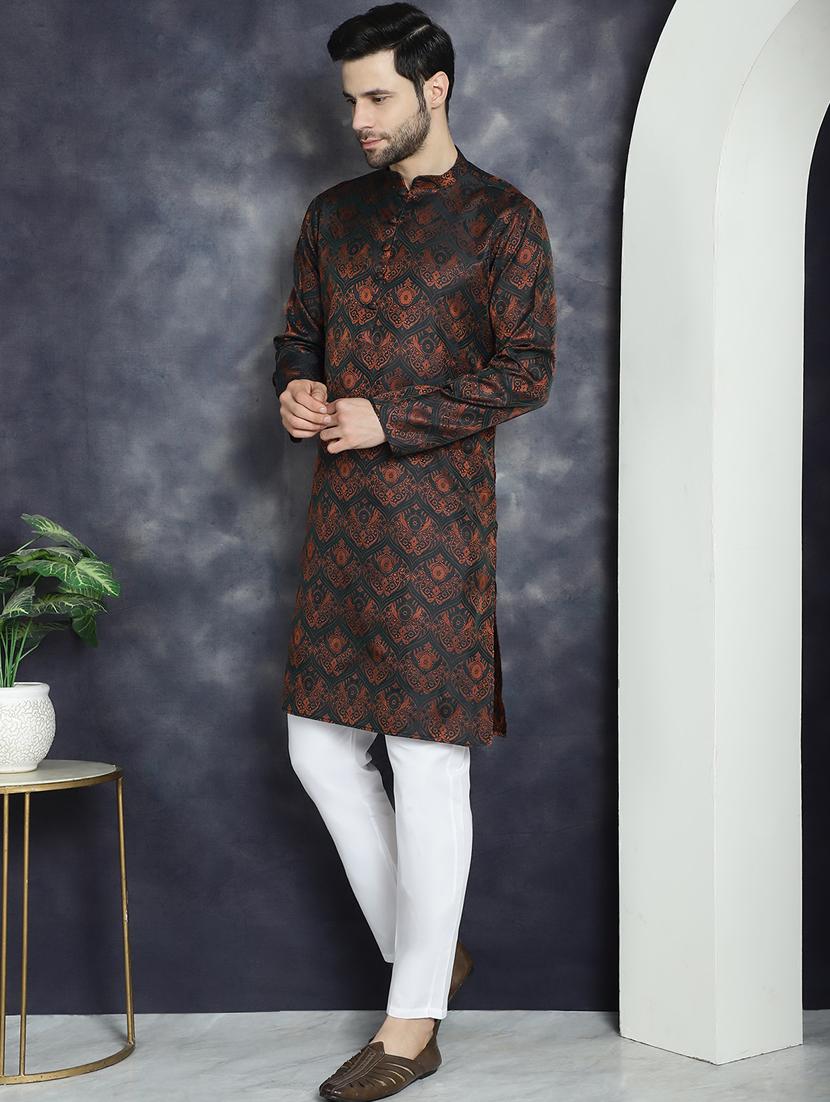 men bronze silk blend straight kurta - 21018298 - Standard Image - 3