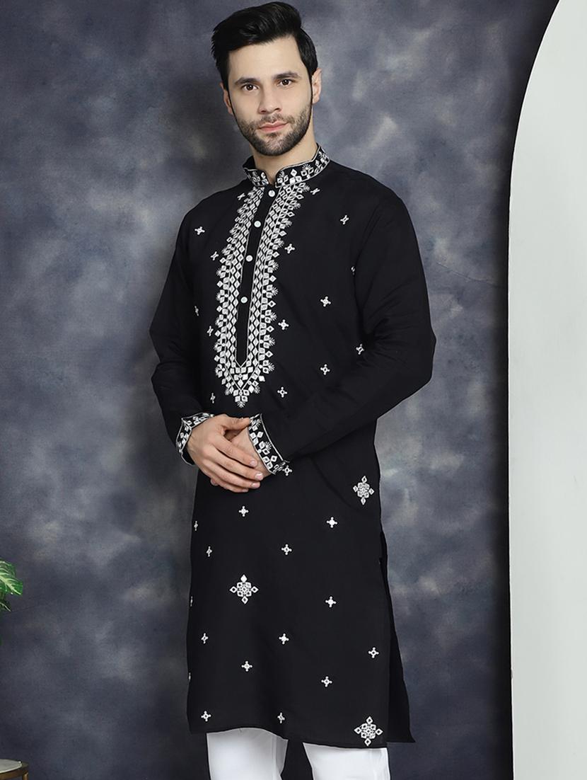 men solid with work mandarin neck long kurta - 21018306 - Zoom Image - 0