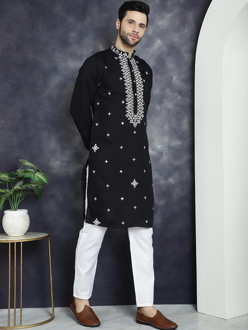 men solid with work mandarin neck long kurta - 21018306 - Standard Image - 3