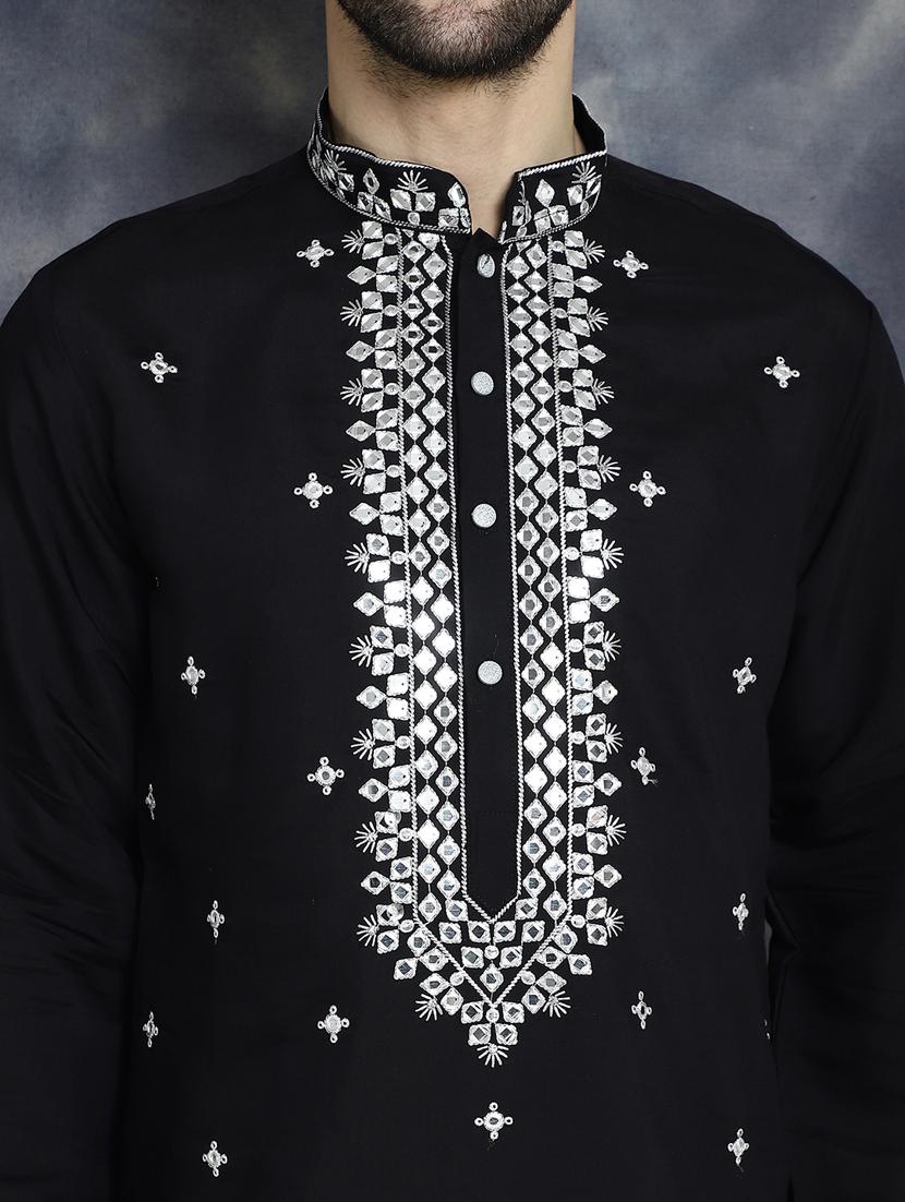 men solid with work mandarin neck long kurta - 21018306 - Standard Image - 5