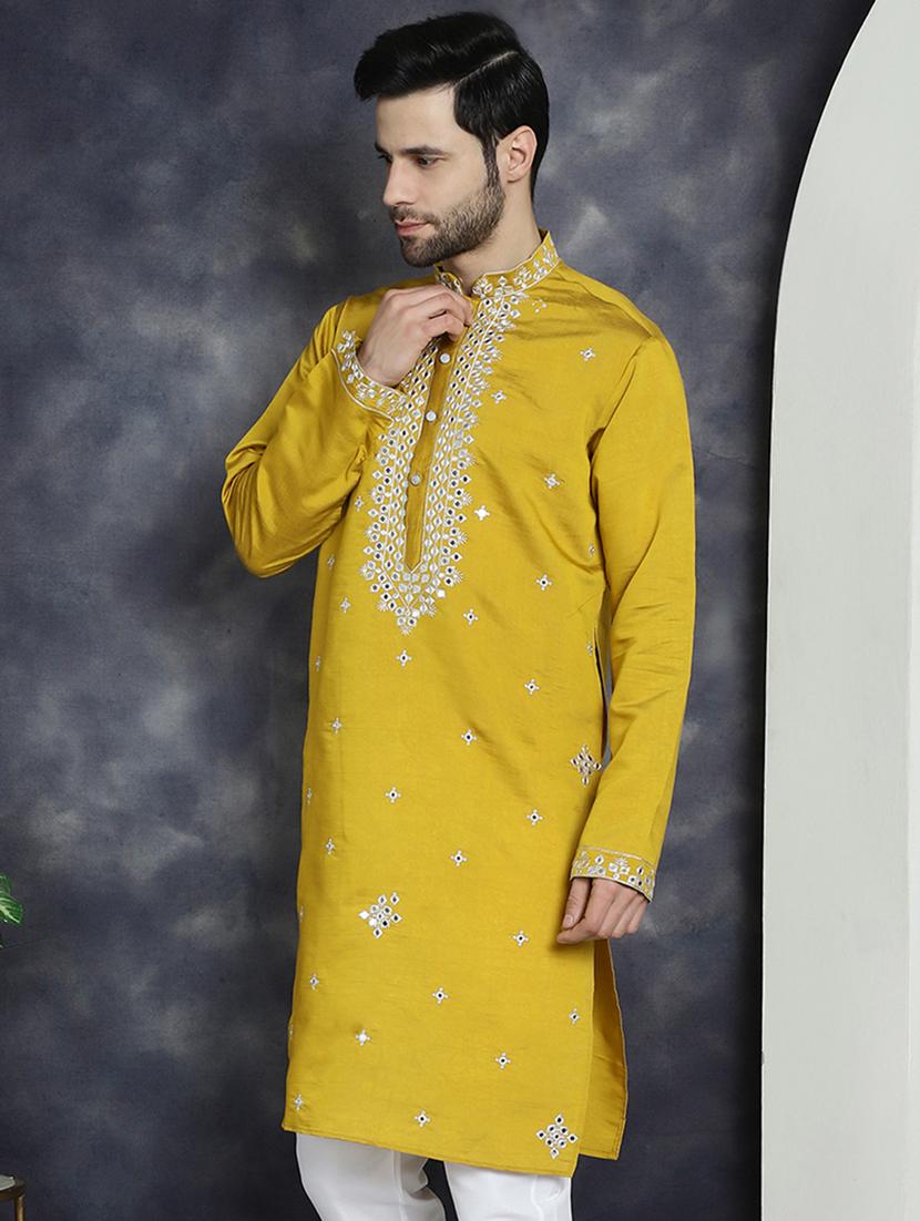 mustard silk blend long kurta - 21018307 - Zoom Image - 0