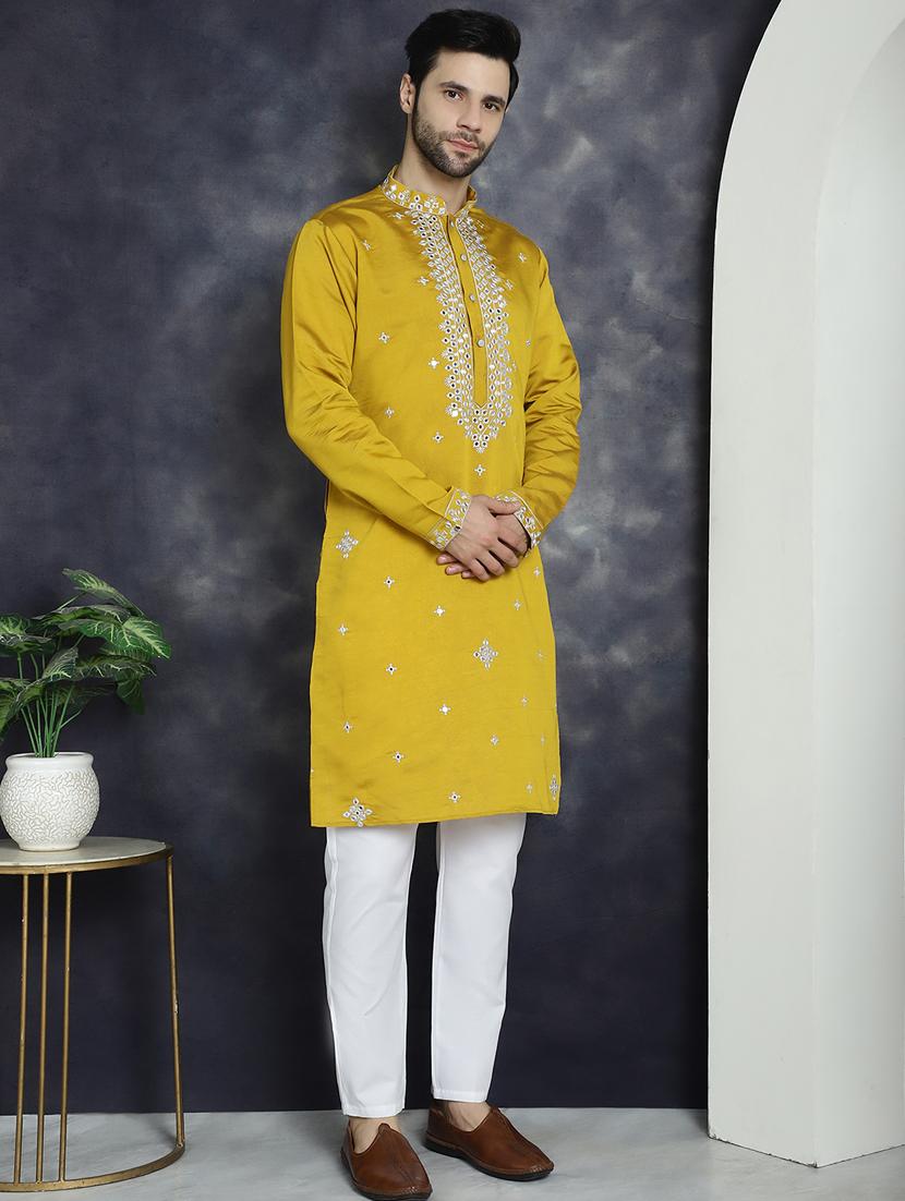 mustard silk blend long kurta - 21018307 - Standard Image - 3