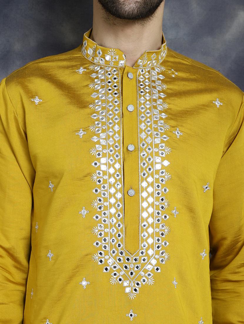 mustard silk blend long kurta - 21018307 - Standard Image - 5