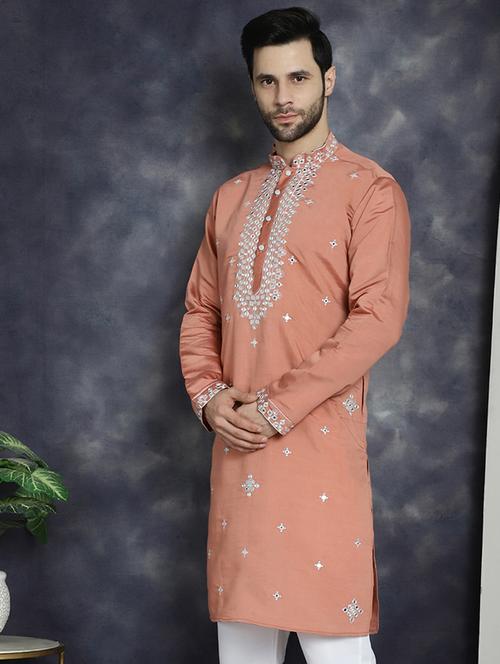 peach silk blend long kurta - 21018308 - Standard Image - 0