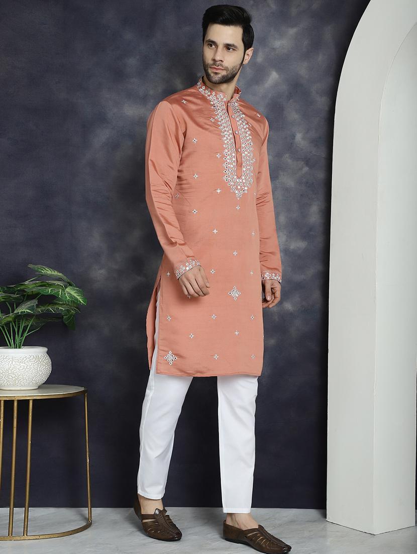 peach silk blend long kurta - 21018308 - Standard Image - 3