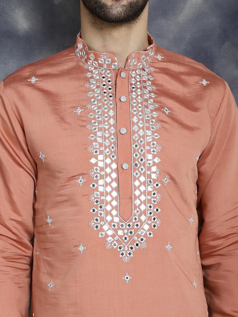 peach silk blend long kurta - 21018308 - Standard Image - 5