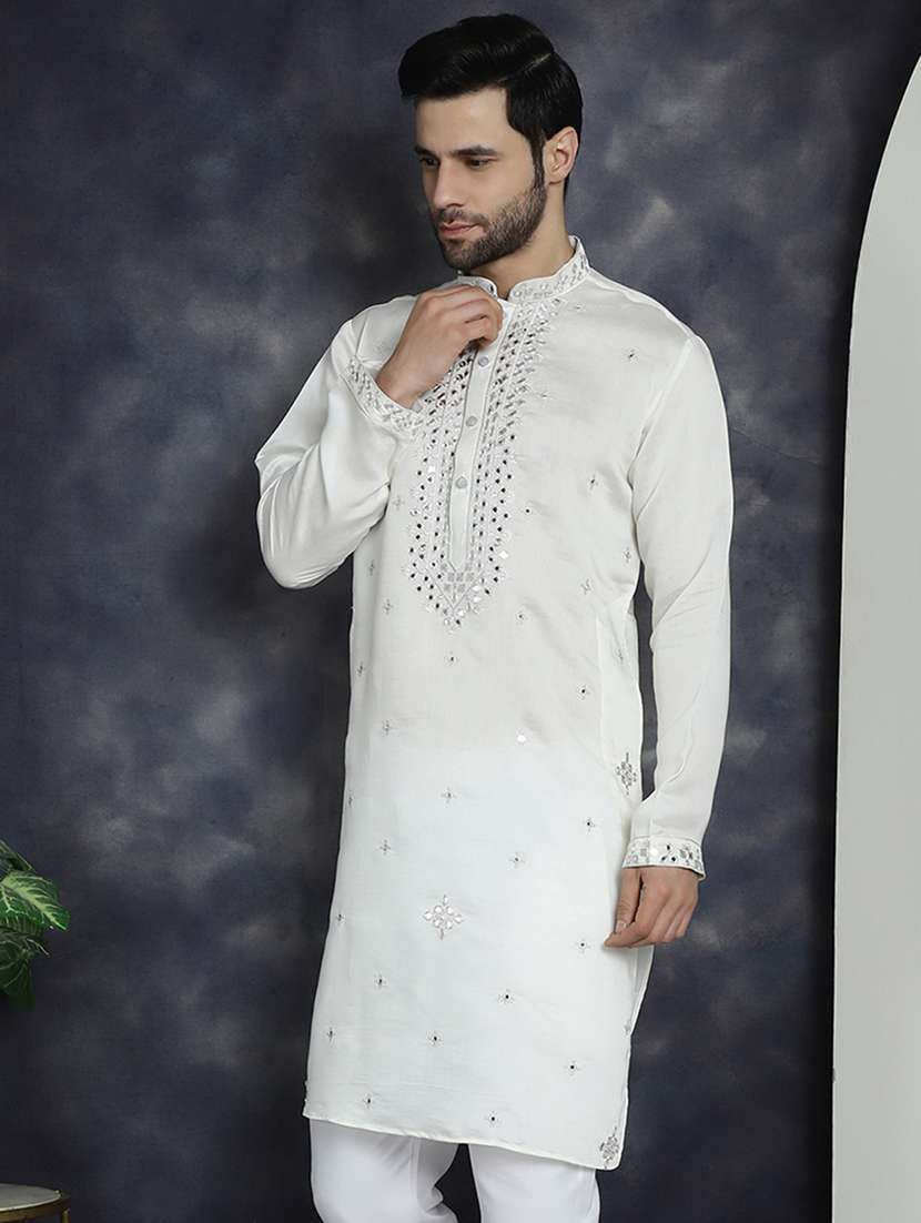men solid with work mandarin neck long kurta