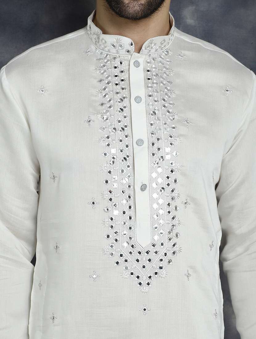 men solid with work mandarin neck long kurta - 21018309 -  Standard Image - 5