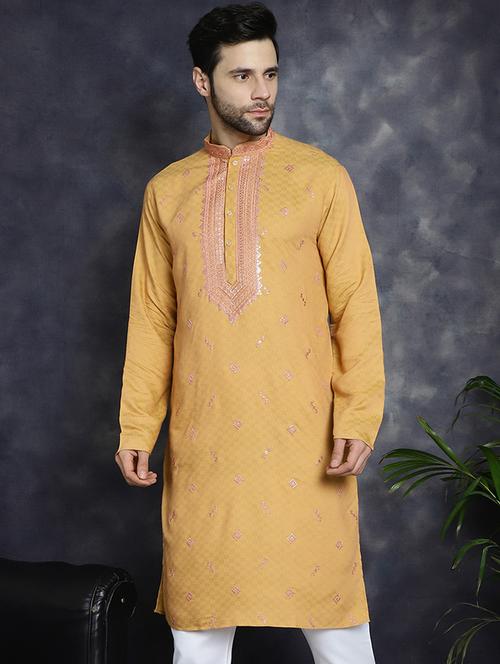 orange silk blend long kurta - 21018312 -  Standard Image - 0