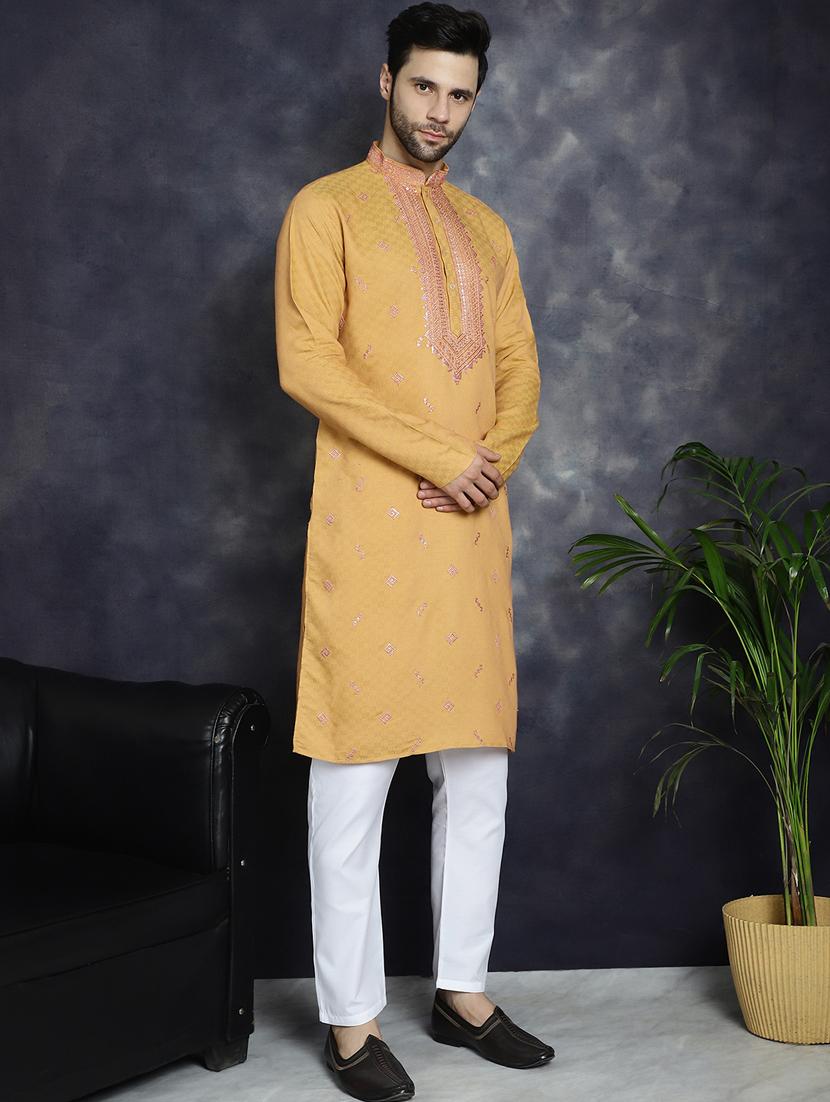 orange silk blend long kurta - 21018312 - Standard Image - 3