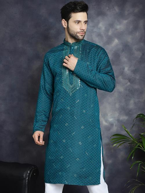 teal silk blend long kurta - 21018313 -  Standard Image - 0