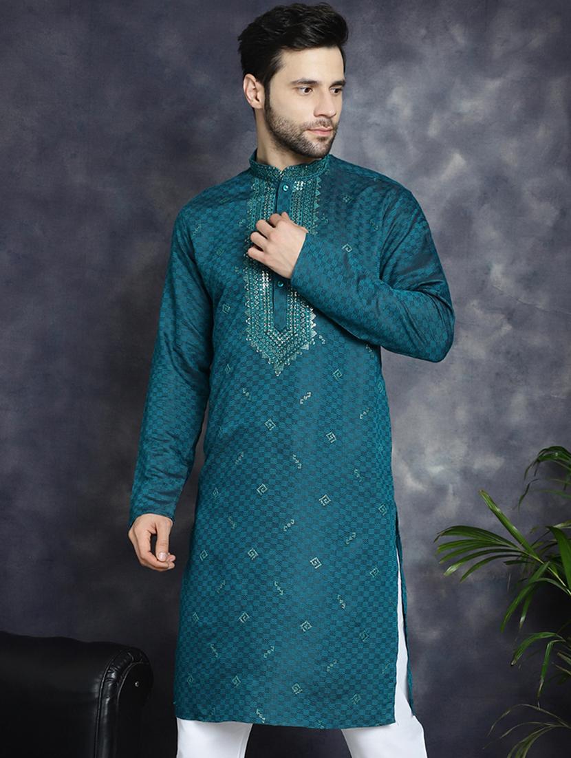 teal silk blend long kurta - 21018313 -  Zoom Image - 0
