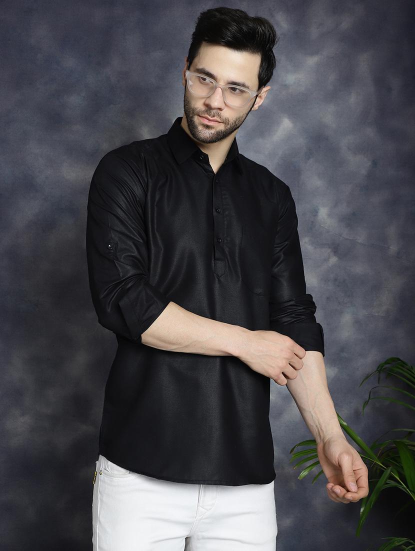 men's black solid short kurta - 21018314 - Zoom Image - 0
