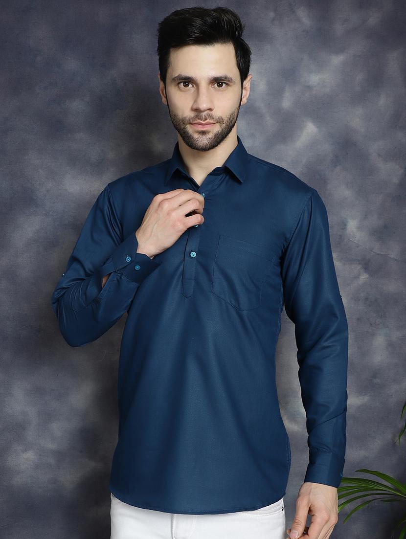 teal cotton short kurta - 21018318 - Zoom Image - 0
